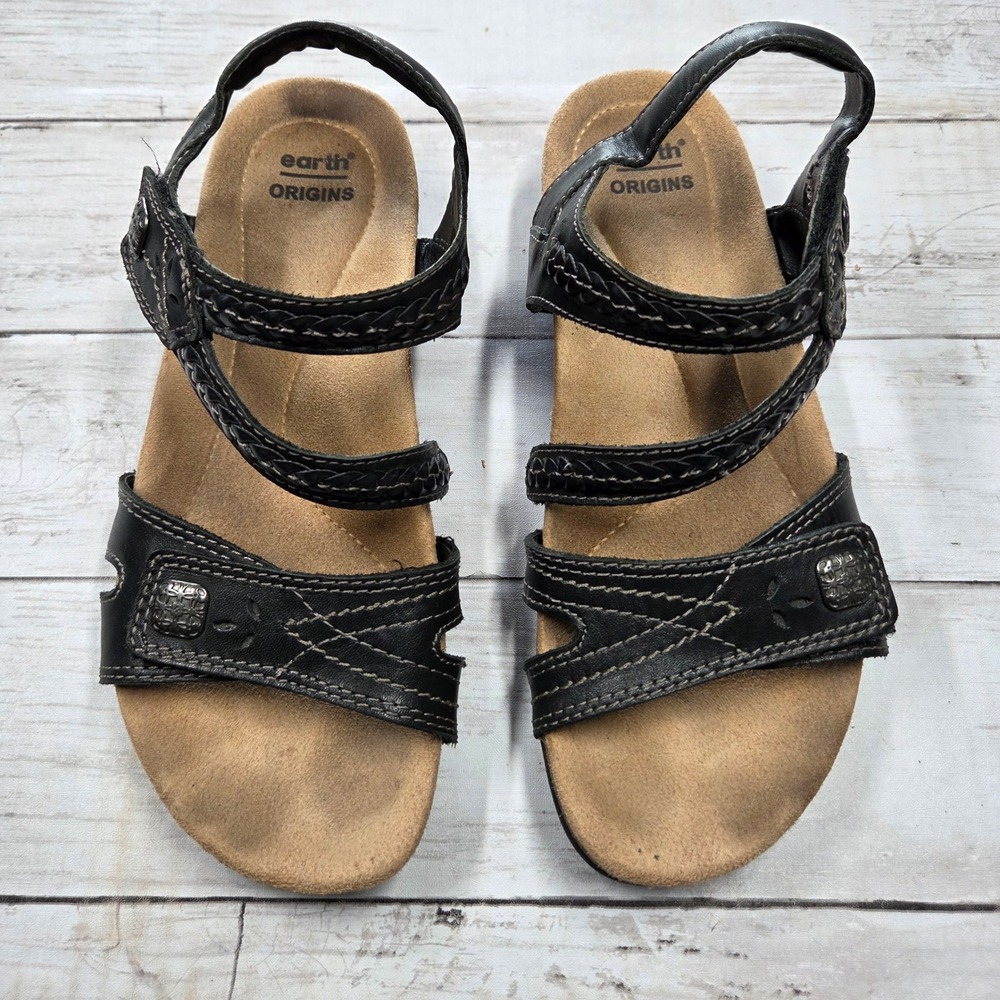 Earth‎ Origins Benson Sandals Women 7M Black Leather Strappy Comfort Hook Loop